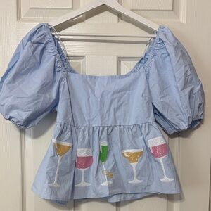Peach Love California Blue Puff Sleeve Top with Cocktail Glass Design